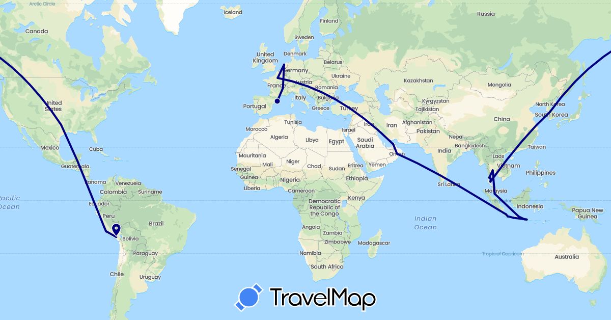 TravelMap itinerary: driving in United Arab Emirates, Spain, France, Indonesia, South Korea, Malaysia, Netherlands, Oman, Peru, Thailand, United States (Asia, Europe, North America, South America)
